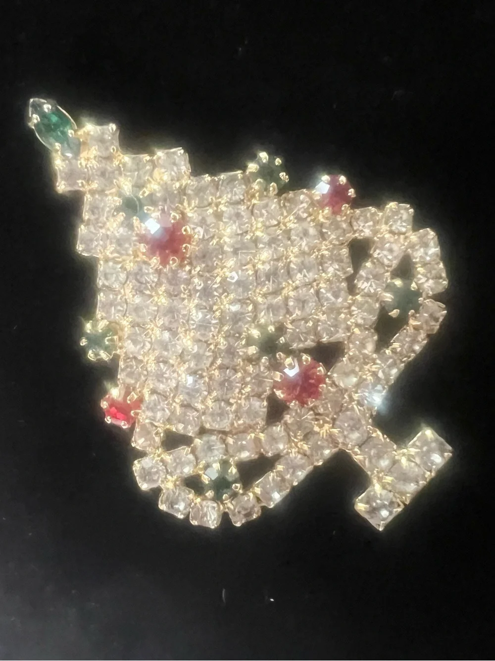 Vintage Crystal Rhinestone Christmas Tree Brooch with Red and Green Accents